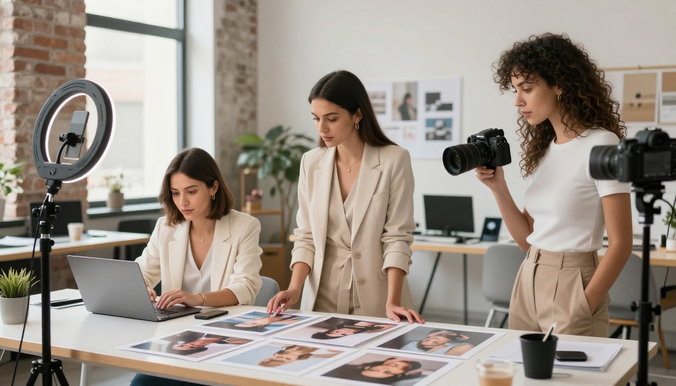 Three female creators collaborating in studio