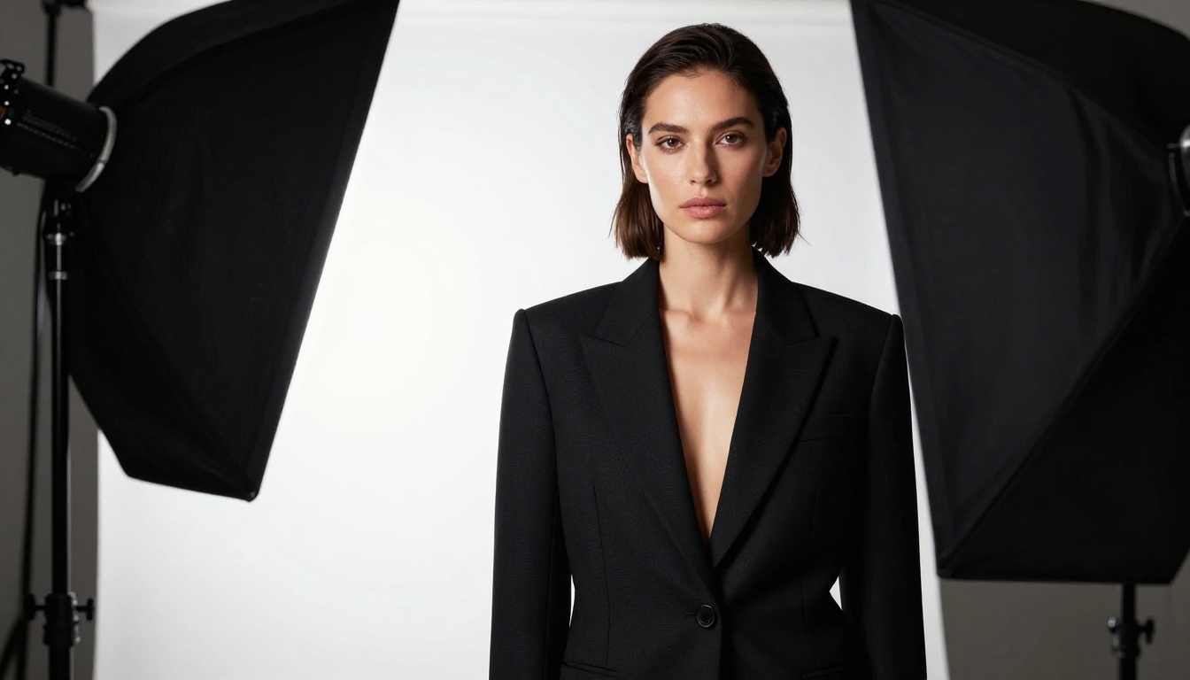 Editorial fashion portrait with dramatic studio lighting showing natural textile and skin detail Editorial fashion portrait with dramatic studio lighting showing natural textile and skin detail