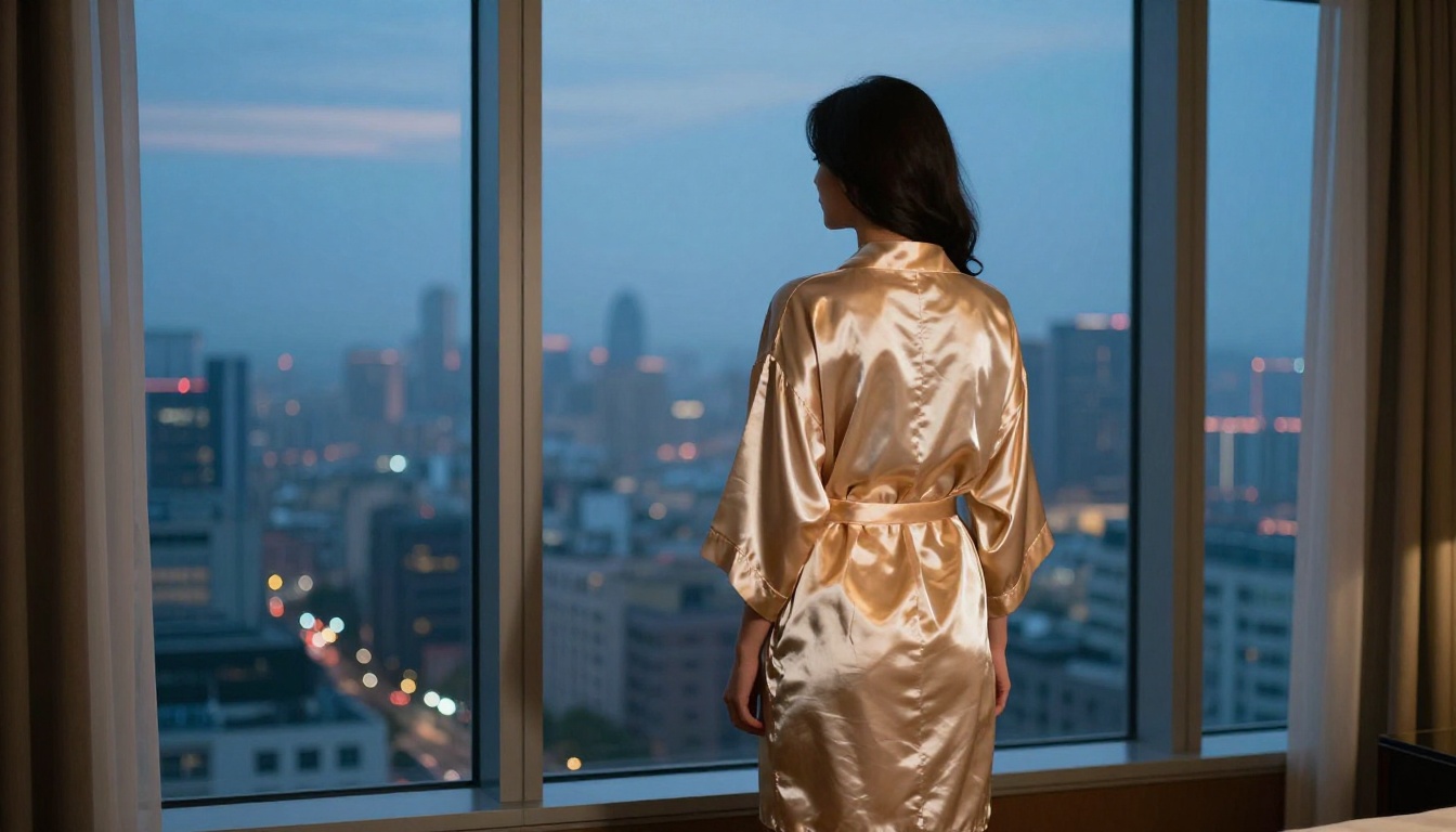 Woman in a champagne silk robe standing by large windows at city dusk, cinematic atmosphere Woman in a champagne silk robe standing by large windows at city dusk, cinematic atmosphere