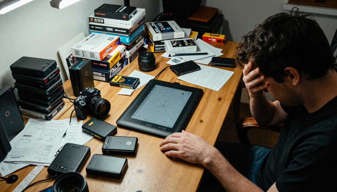 A frustrated digital artist surrounded by stacks of expensive hard drives and a cracked drawing tablet, hands covering their face in exhaustion under harsh fluorescent lighting