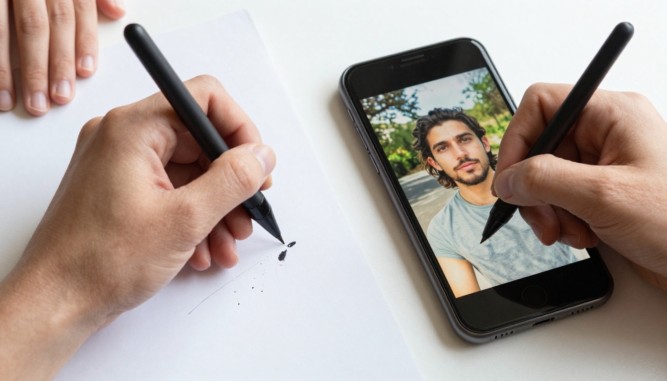 Close-up overhead shot comparing two hands side by side, one holding a traditional stylus over a sketchpad, the other hovering over a smartphone showing a completed AI-generated photorealistic portrait