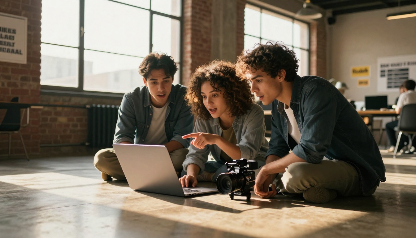 A diverse group of three young adult content creators huddled around a laptop in a modern co-working space, one woman pointing at the screen with expressions of excitement, golden afternoon light slanting through industrial windows