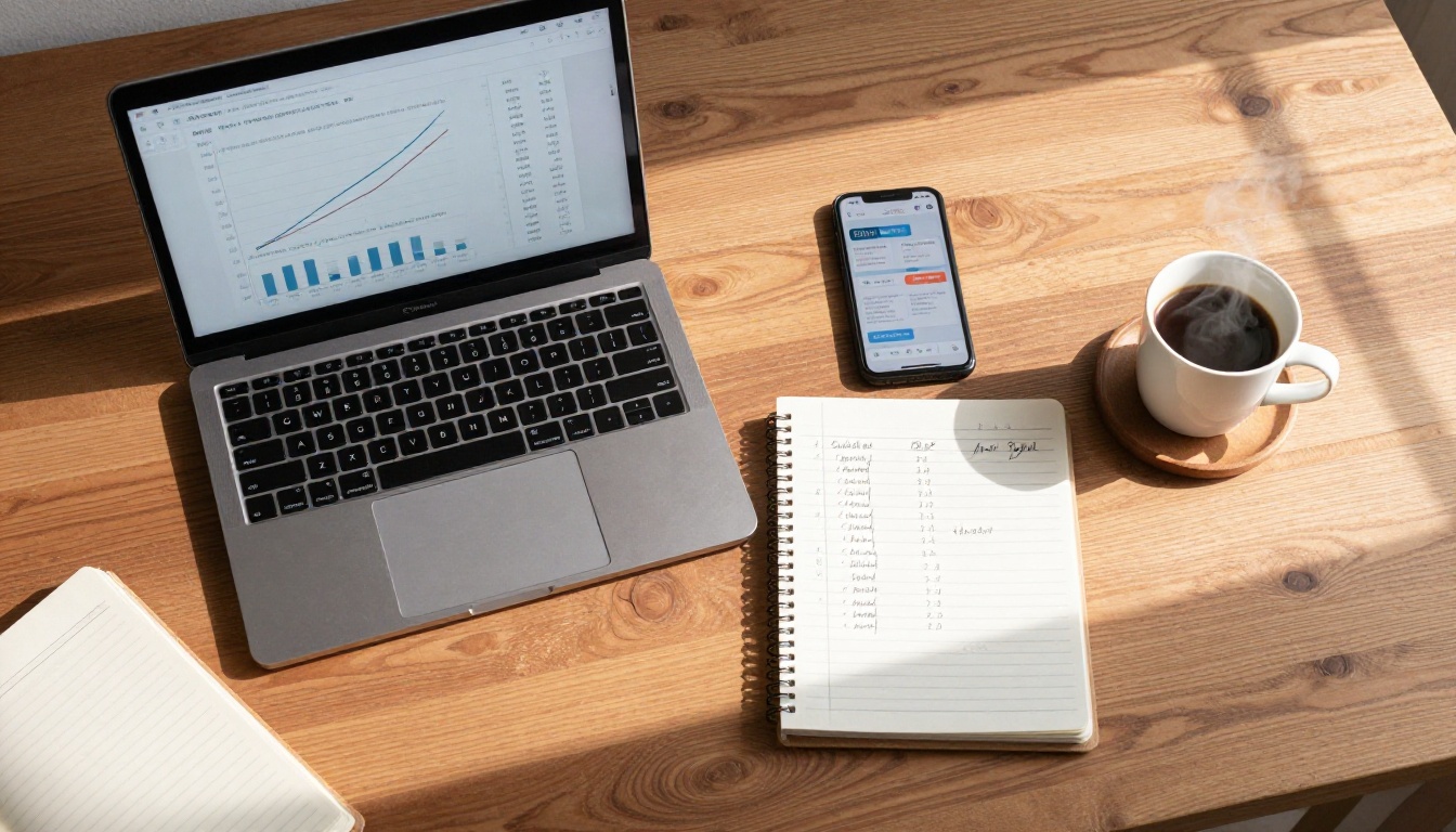 Aerial top-down view of a creator's desk with laptop showing rising income charts, handwritten revenue figures in a notebook, and a steaming coffee cup on warm wood grain surface