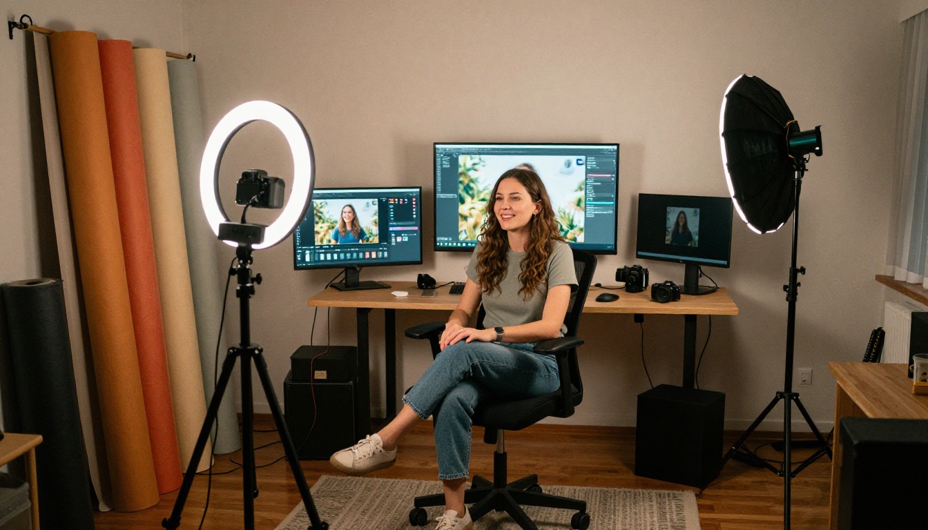 A professional content creator seated confidently in her home studio surrounded by ring lights, backdrops, and multiple monitors showing AI-generated image outputs