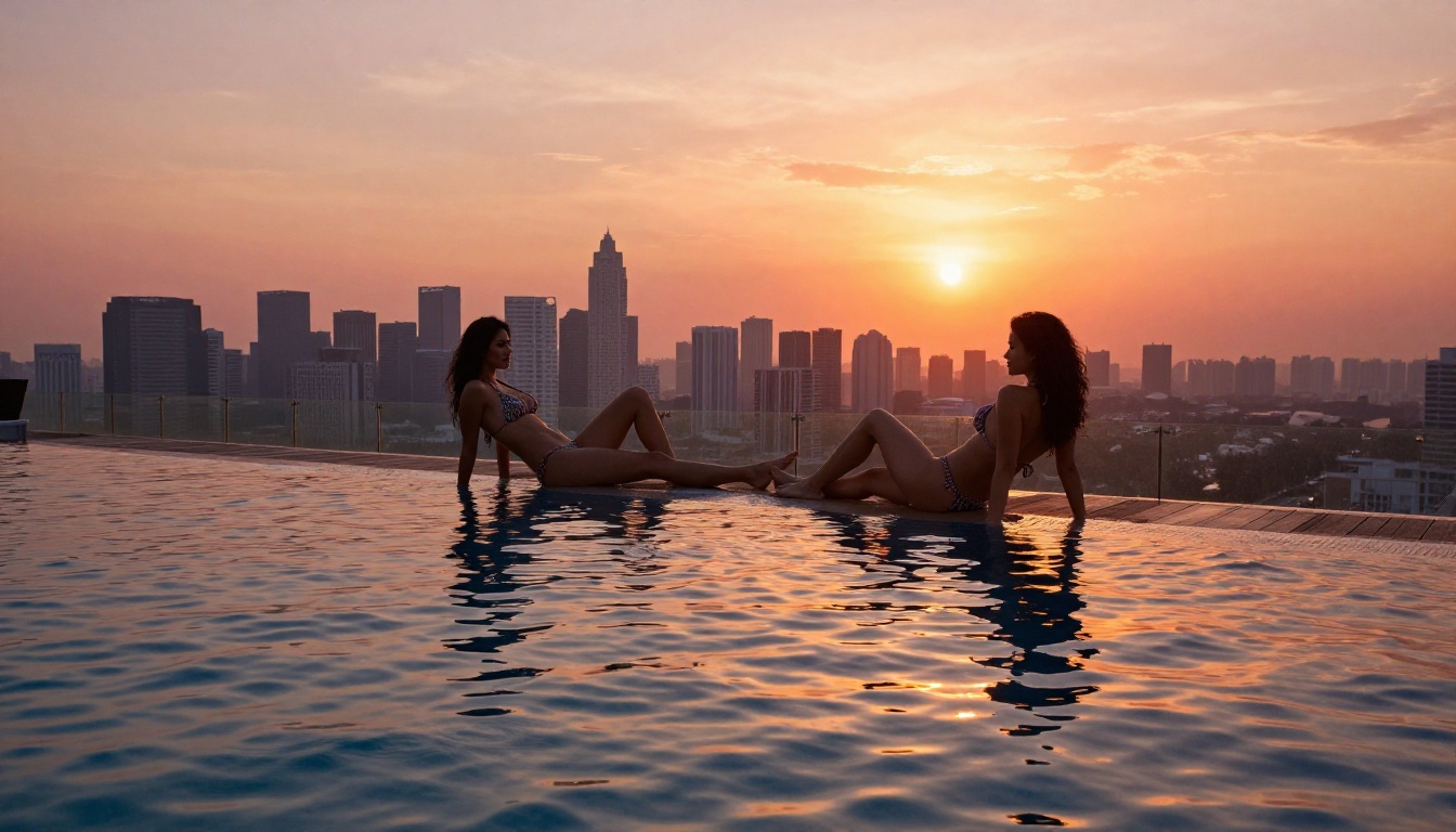 Rooftop infinity pool at sunset with two women in bikinis Rooftop infinity pool at sunset with two women in bikinis