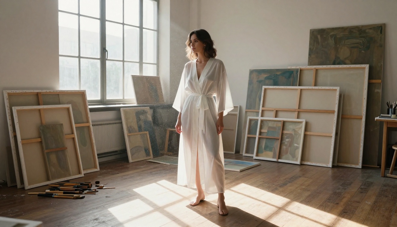 Woman in sheer robe in sun-drenched art studio Woman in sheer robe in sun-drenched art studio
