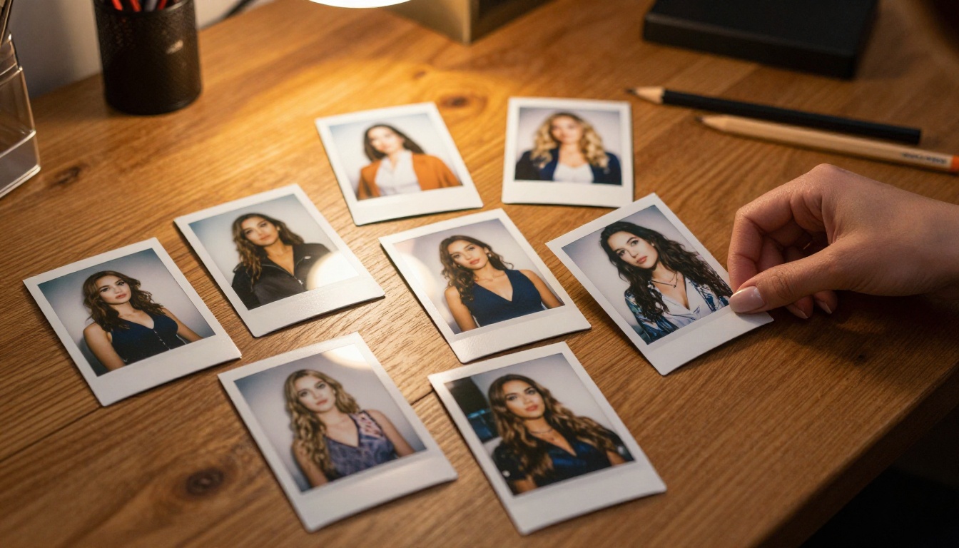 Polaroid photos collection arranged on a warm oak table Polaroid photos collection arranged on a warm oak table