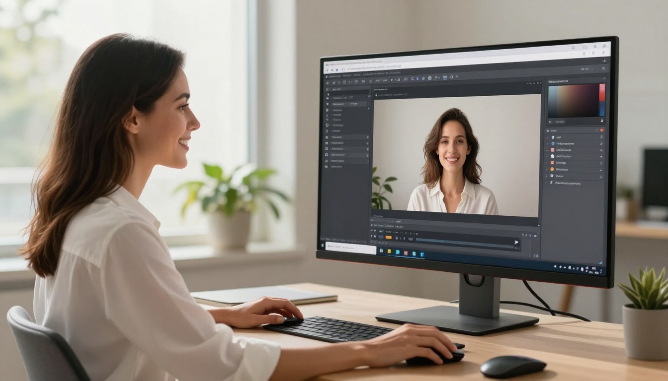 Woman smiling at AI platform on widescreen monitor Woman smiling at AI platform on widescreen monitor