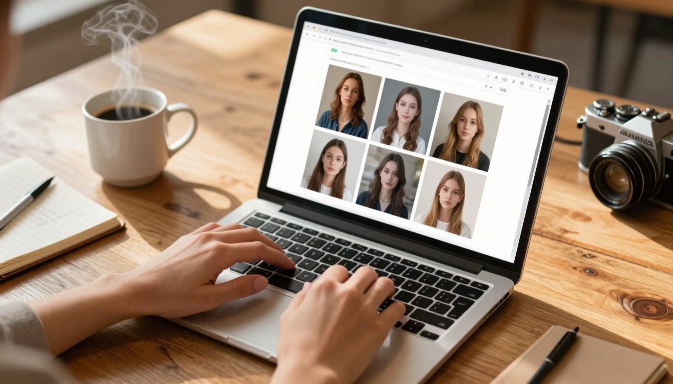 AI artist working at a professional creative studio workstation reviewing AI-generated artworks on a glowing laptop interface AI artist working at a professional creative studio workstation reviewing AI-generated artworks on a glowing laptop interface
