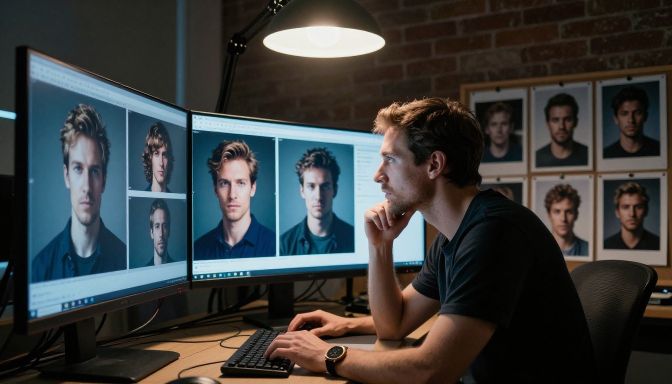 Focused male photographer reviewing AI-generated portrait images on a large curved professional monitor in a dimly lit photography studio Focused male photographer reviewing AI-generated portrait images on a large curved professional monitor in a dimly lit photography studio
