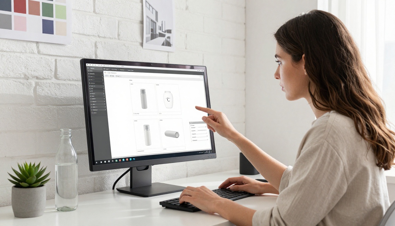 Creative director reviewing product photography layouts on two side-by-side professional monitors in a bright minimalist office space Creative director reviewing product photography layouts on two side-by-side professional monitors in a bright minimalist office space