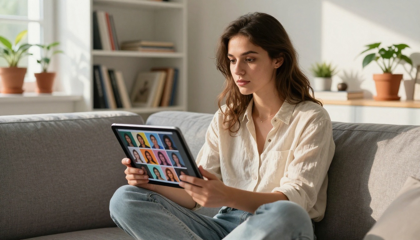 Thoughtful young woman reviewing a colorful grid of AI-generated portrait photographs on a tablet while sitting in a bright airy living room workspace Thoughtful young woman reviewing a colorful grid of AI-generated portrait photographs on a tablet while sitting in a bright airy living room workspace