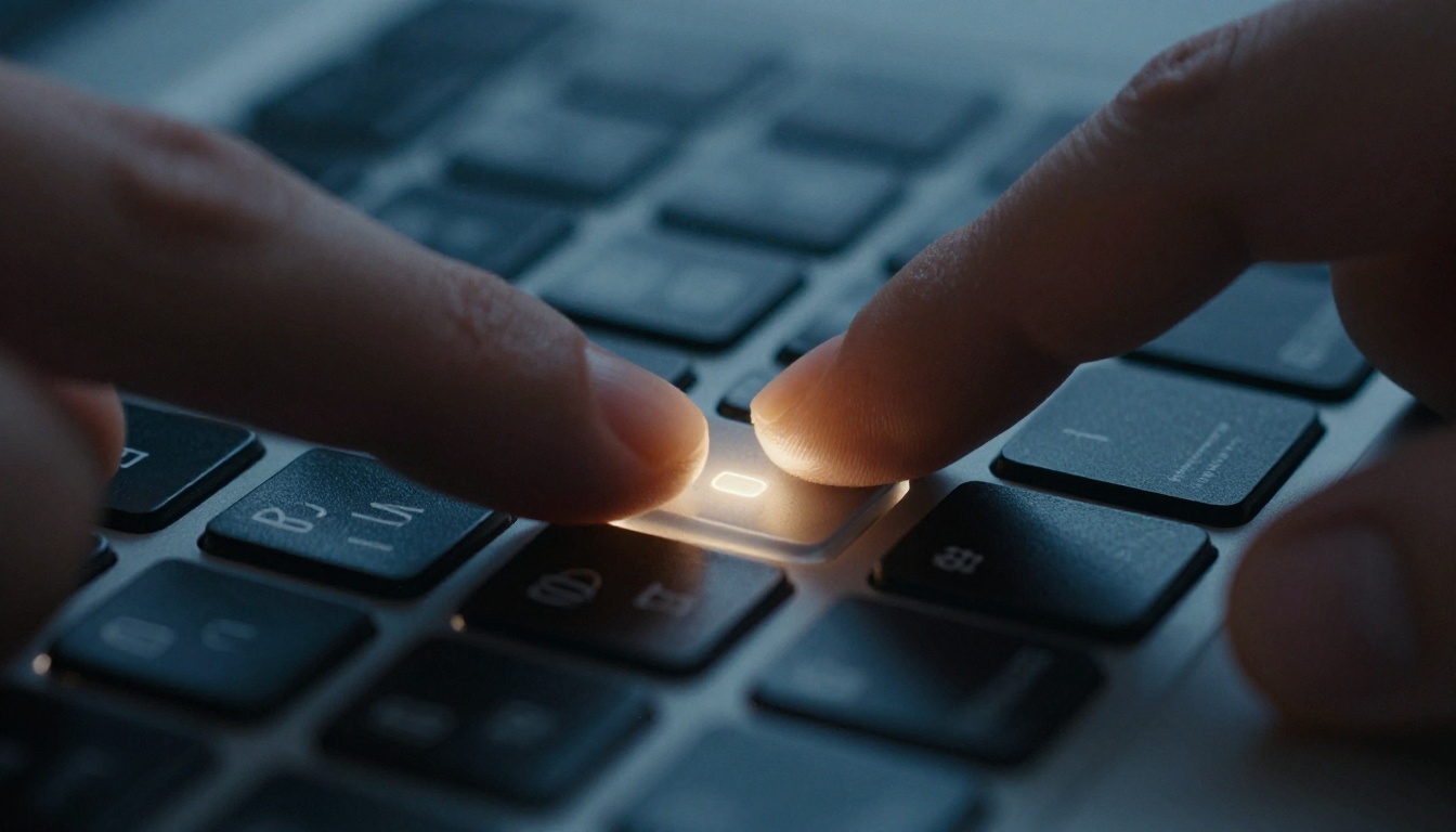 Extreme close-up macro shot of a fingertip touching a backlit laptop keyboard key in a dark creative studio with warm monitor light reflecting off the aluminum surface Extreme close-up macro shot of a fingertip touching a backlit laptop keyboard key in a dark creative studio with warm monitor light reflecting off the aluminum surface