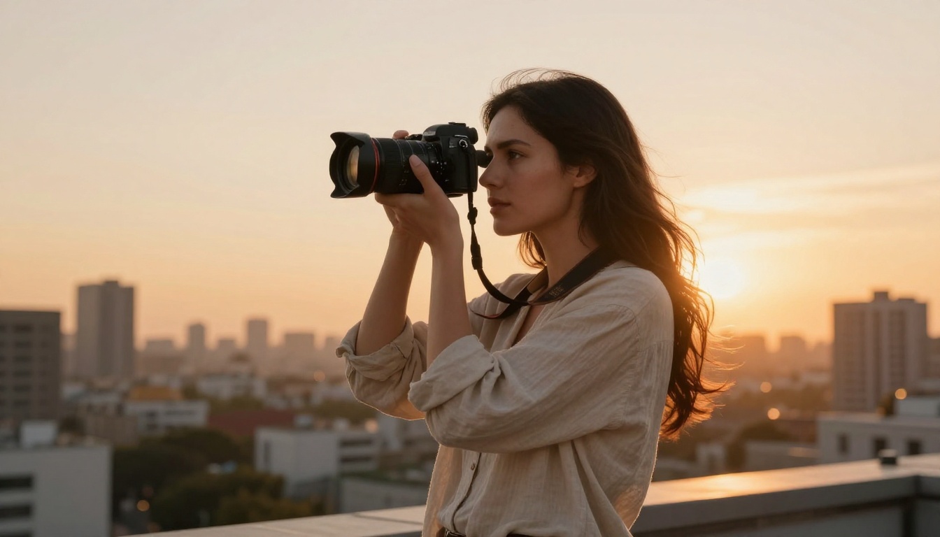 Female photographer standing on a rooftop during golden hour overlooking a warm city skyline, holding a professional mirrorless camera up to her eye with confident posture Female photographer standing on a rooftop during golden hour overlooking a warm city skyline, holding a professional mirrorless camera up to her eye with confident posture