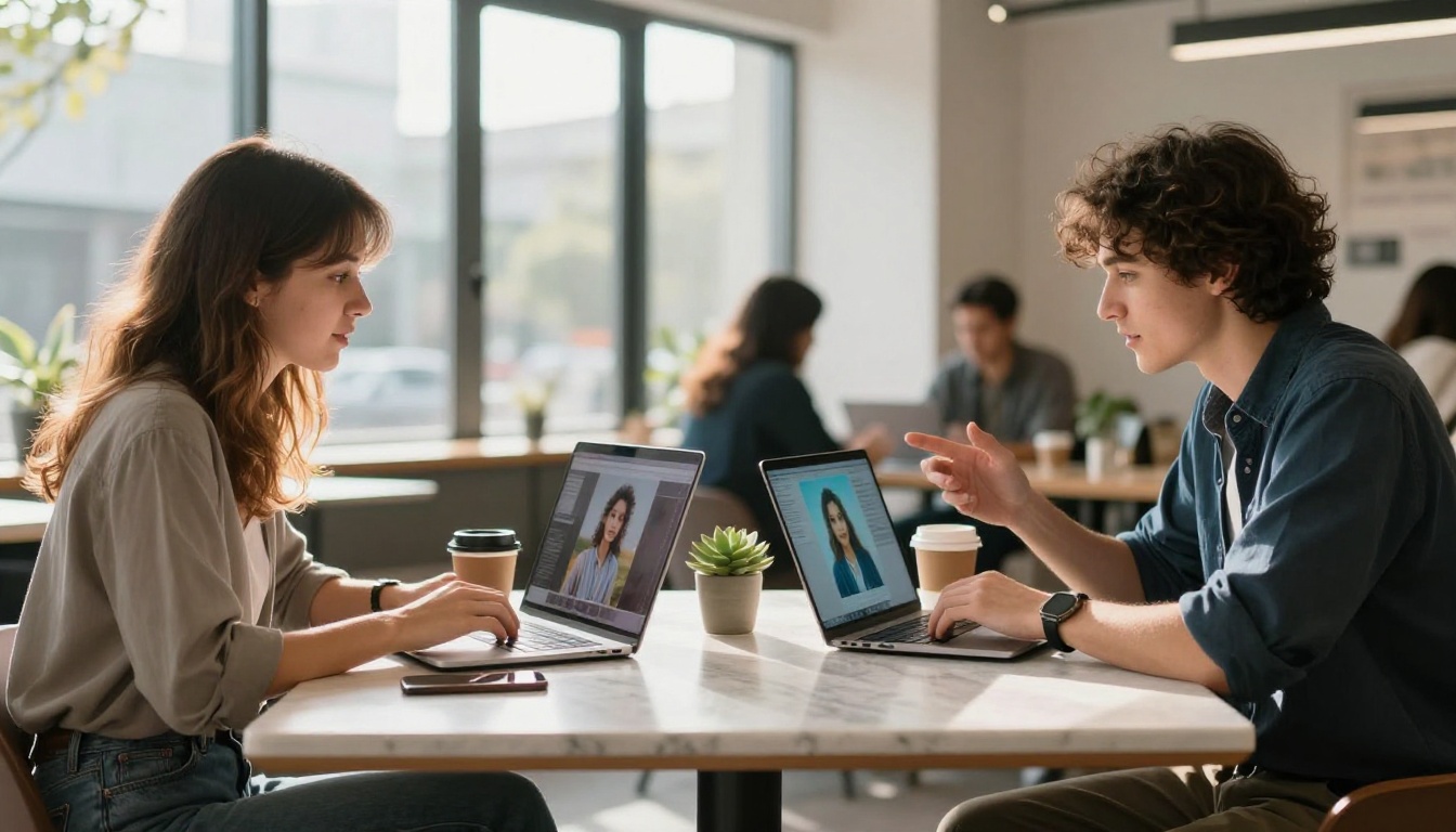 Two creative professionals in a bright co-working space sitting side by side, comparing AI-generated images displayed on two open laptops placed on a white marble table Two creative professionals in a bright co-working space sitting side by side, comparing AI-generated images displayed on two open laptops placed on a white marble table