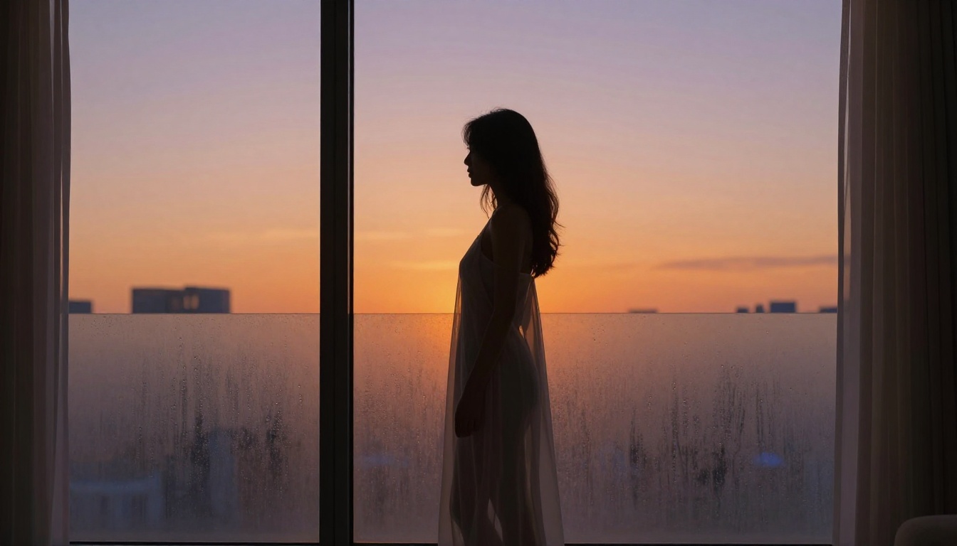Artistic female silhouette against a backlit frosted window at dusk