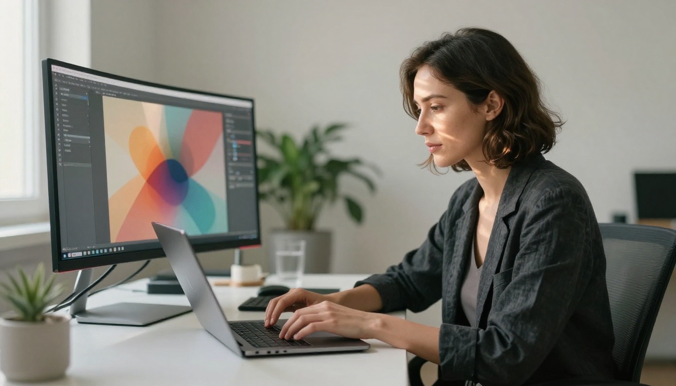 Creative professional generating AI art at modern studio workstation