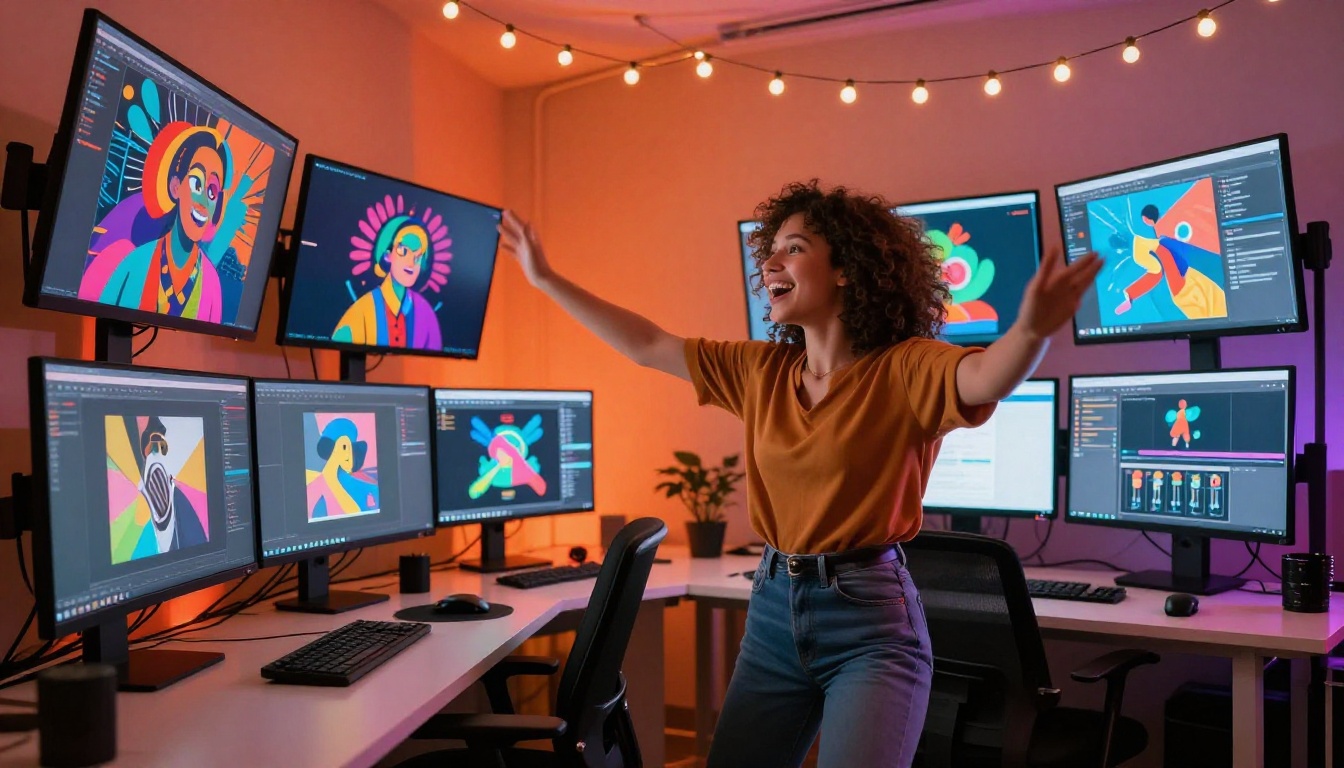 Creative workspace with multi-screen AI art displays and vibrant studio lighting