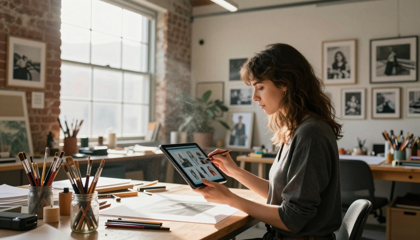 Female artist in creative studio with tablet