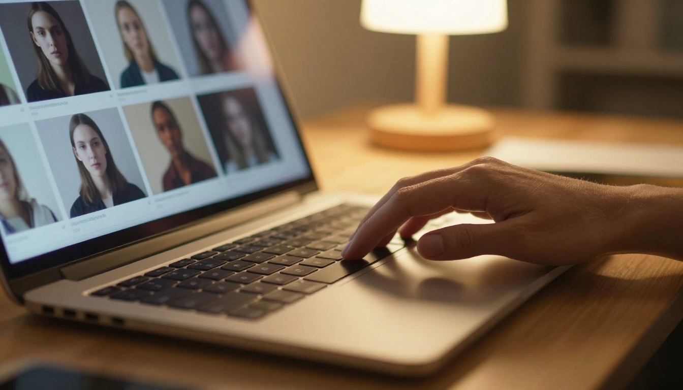 Hands scrolling through AI-generated images on laptop
