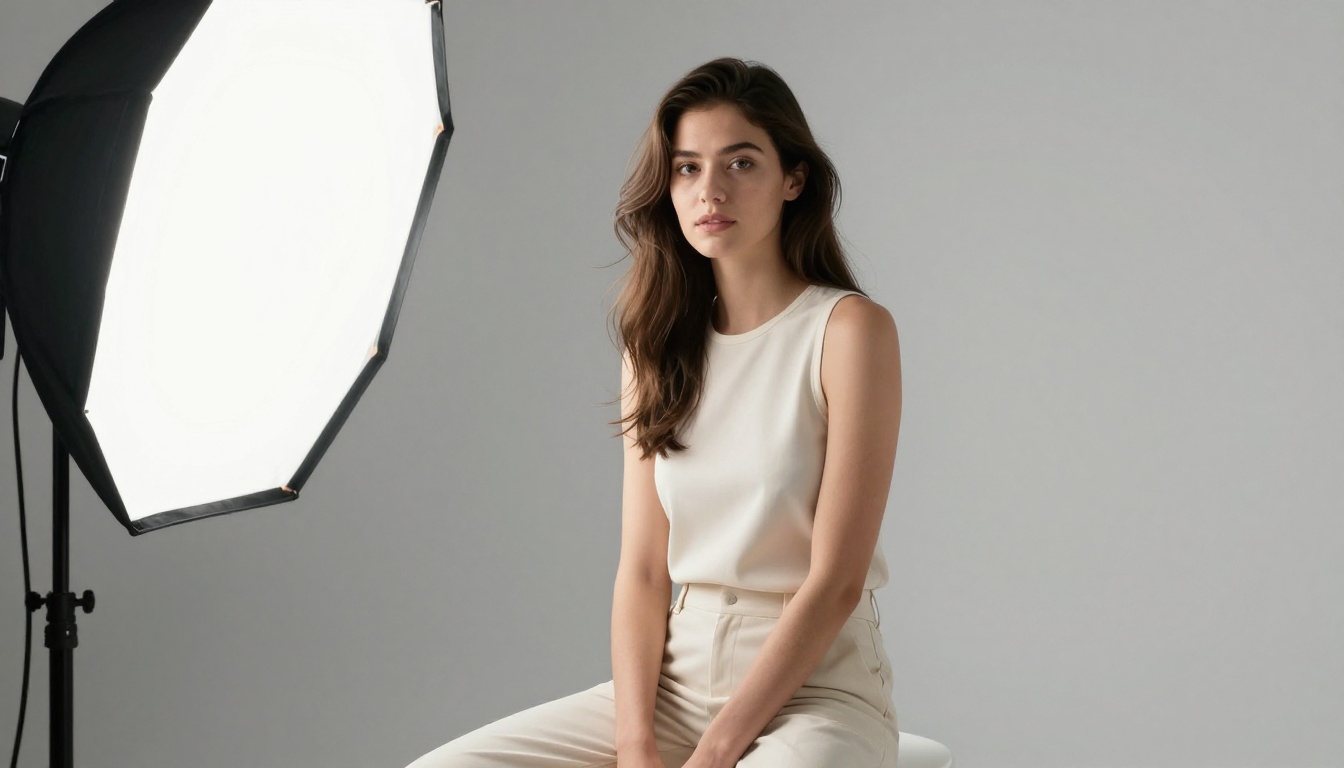 Beautiful woman in professional studio setting with perfect skin detail and natural lighting