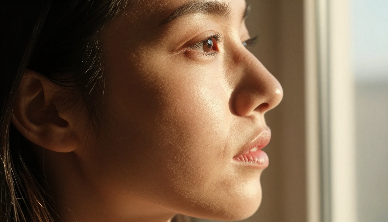Extreme close-up portrait showing photorealistic skin texture, pore detail, and natural lighting