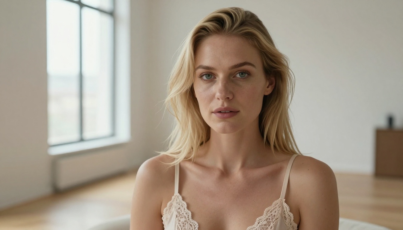 Close-up portrait of a blonde woman in a minimalist studio, soft natural light Close-up portrait of a blonde woman in a minimalist studio, soft natural light