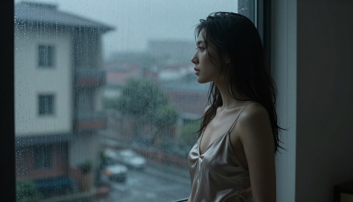 Artistic side profile of woman in silk chemise near rain-streaked window, cinematic light Artistic side profile of woman in silk chemise near rain-streaked window, cinematic light
