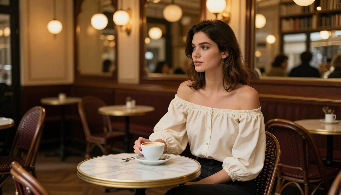 Beautiful woman in Parisian café with cream blouse, marble table, warm bokeh lighting