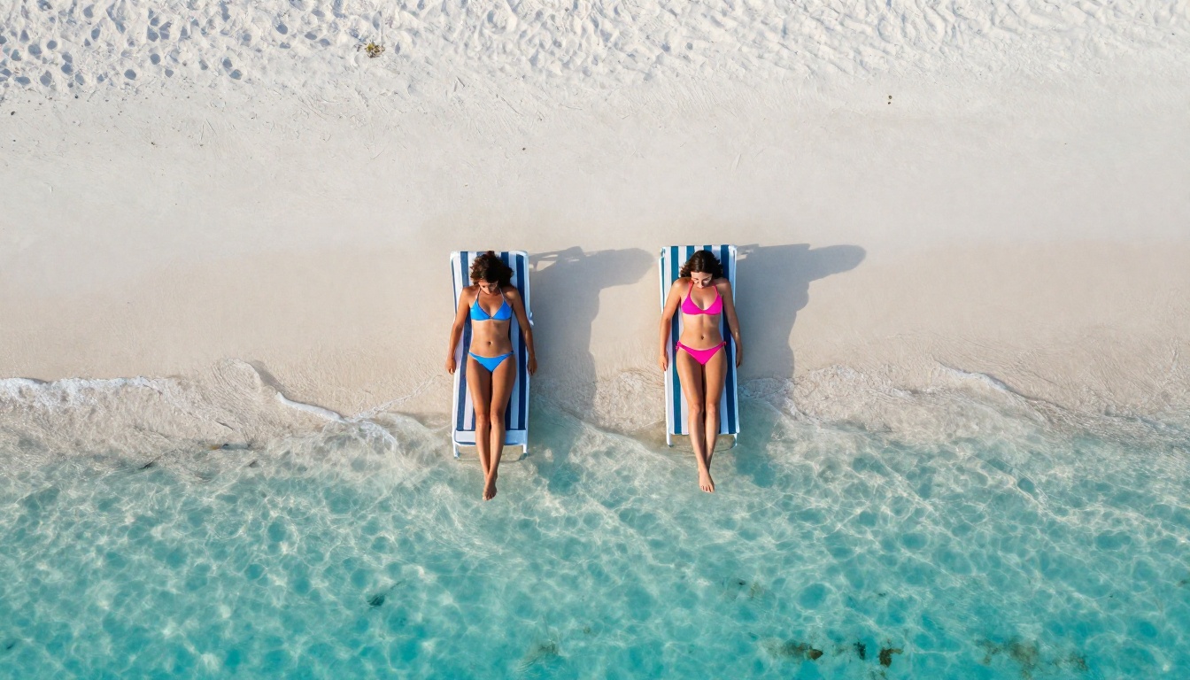 Aerial view of two women in bikinis on pristine white sand beach next to turquoise water