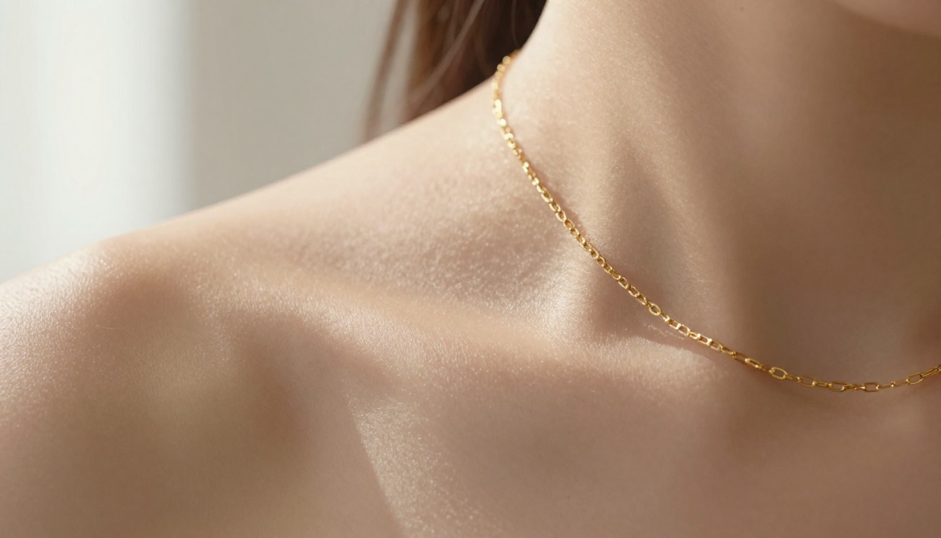 Close-up macro detail of skin texture on shoulder and collarbone with gold necklace, soft window light