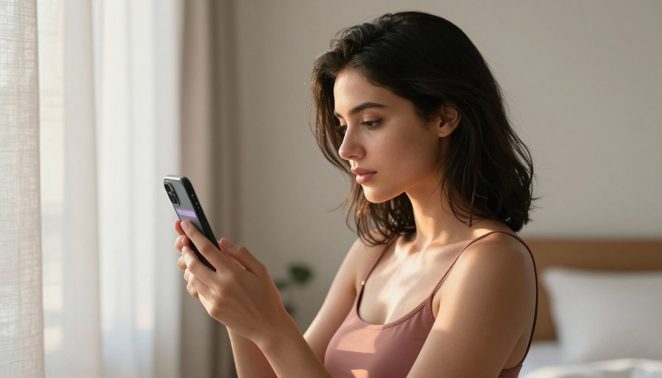 Beautiful woman in profile holding a smartphone with an AI app