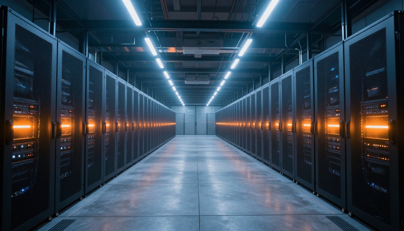 Server room with long rows of rack servers
