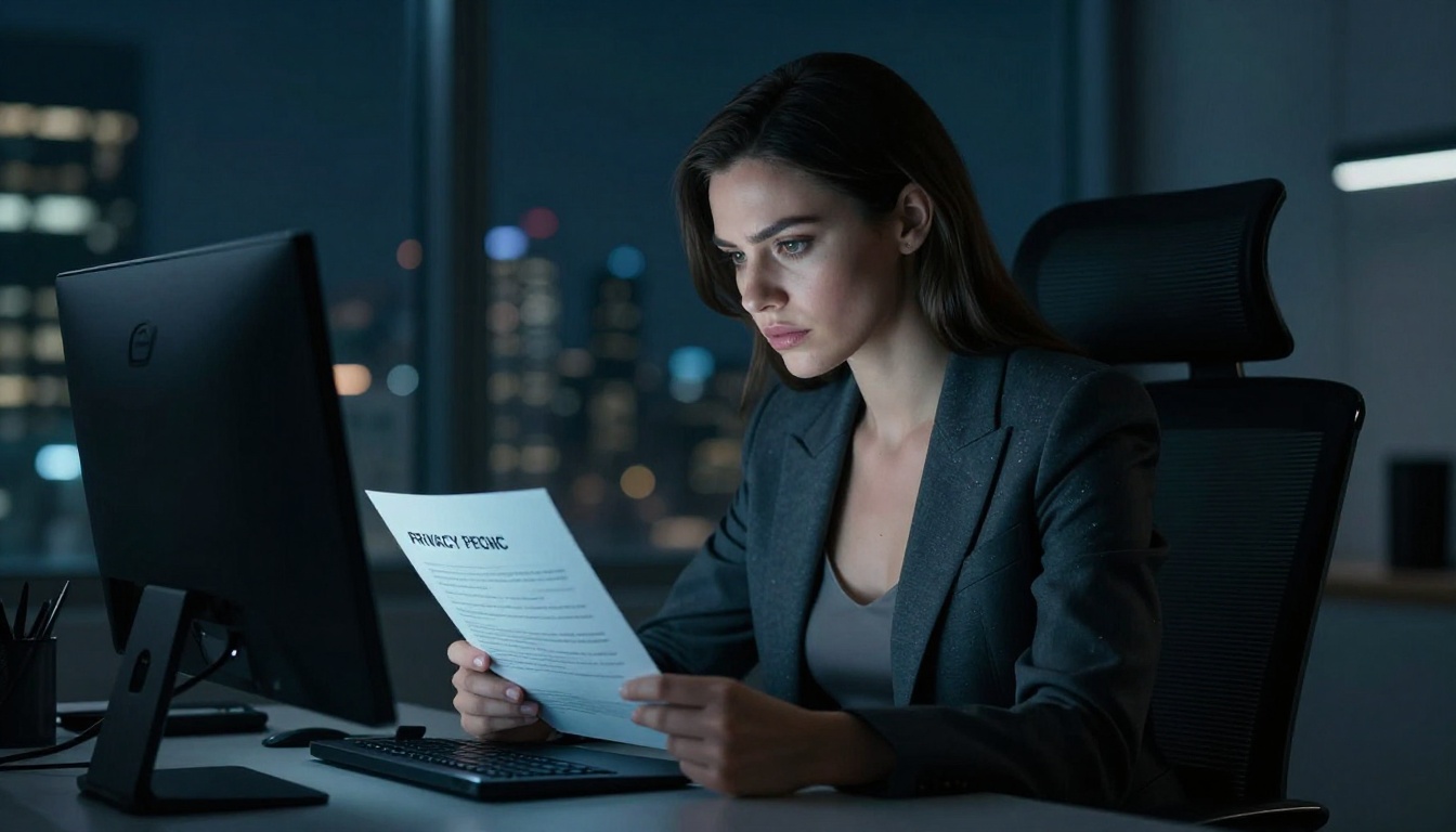 Woman reading a privacy policy on her laptop at night