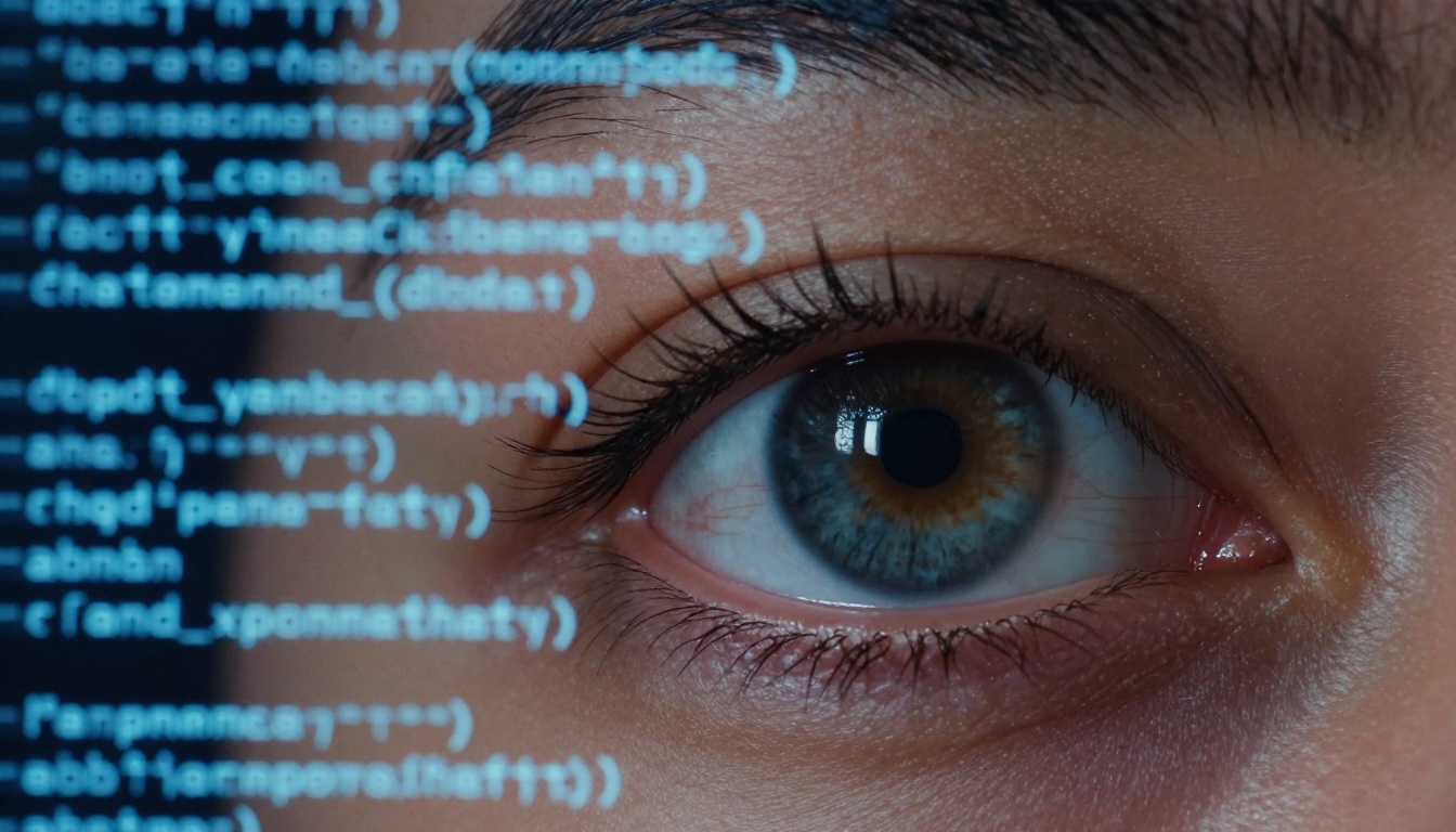 Close-up of an eye reflected in a laptop screen with scrolling code