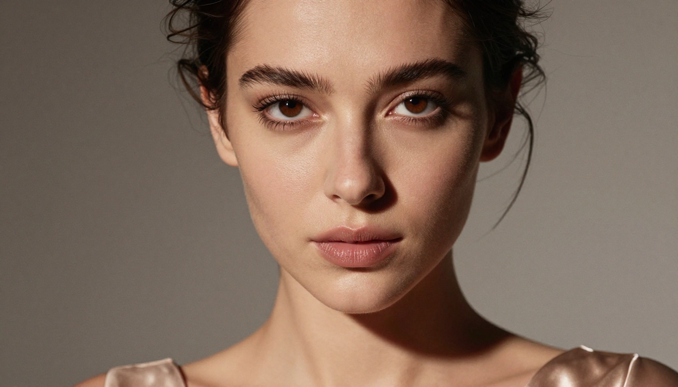 Close-up portrait with Rembrandt lighting, detailed skin texture, satin off-shoulder top