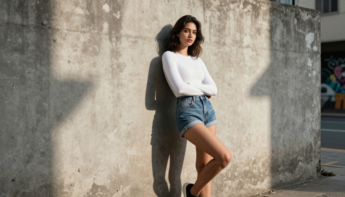 Young woman in white bodysuit, urban concrete wall, directional afternoon shadow