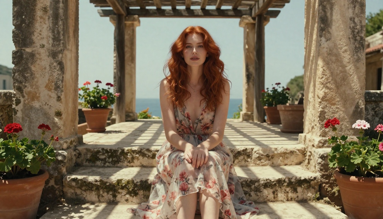 Beautiful woman with red hair, sheer floral sundress on Mediterranean stone steps, dappled pergola light