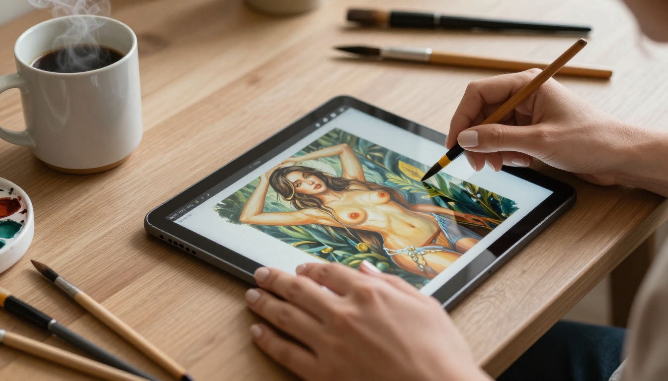 Artist exploring AI art tools on a creative workstation