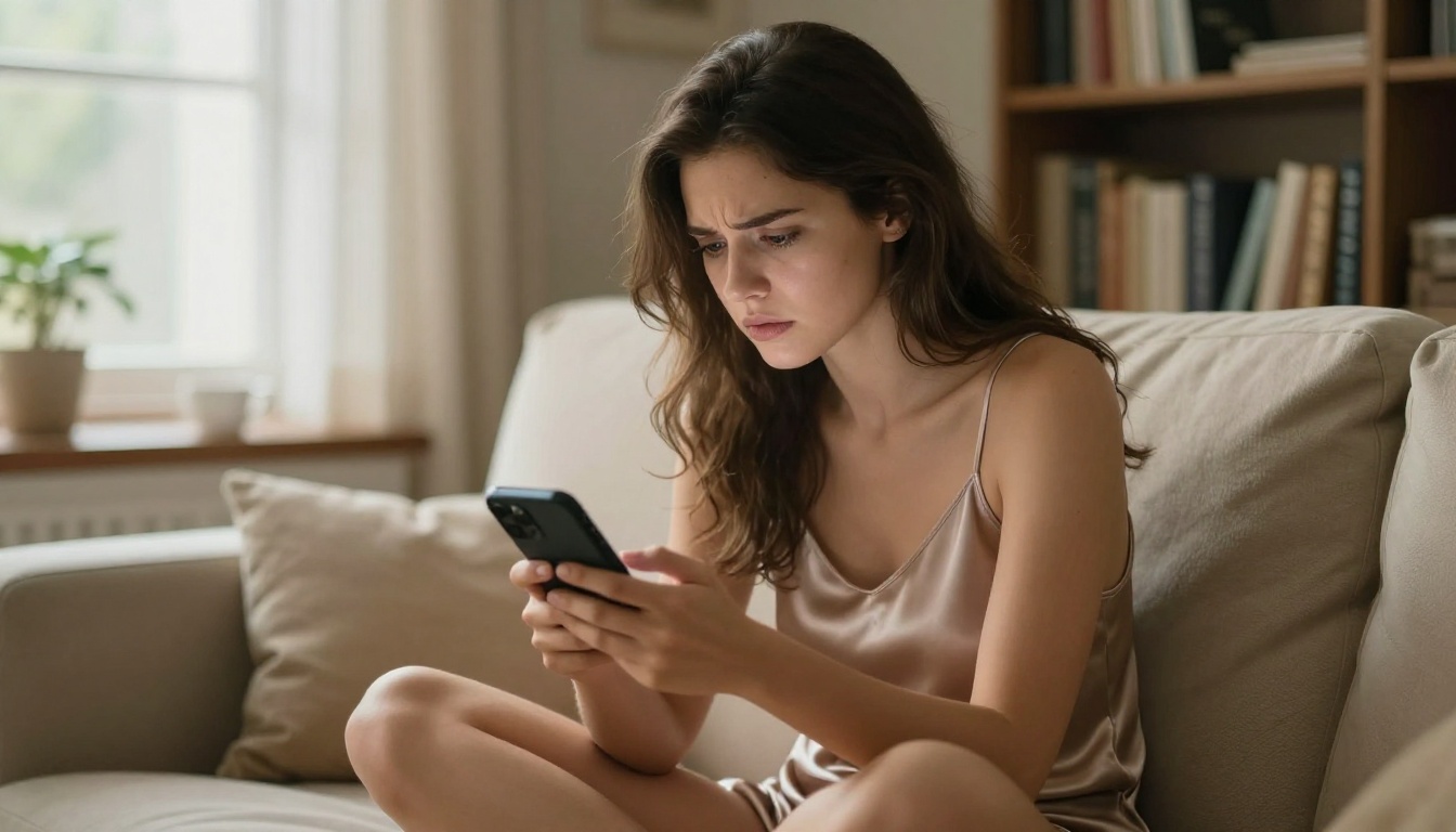 Woman reading privacy terms on smartphone in natural light
