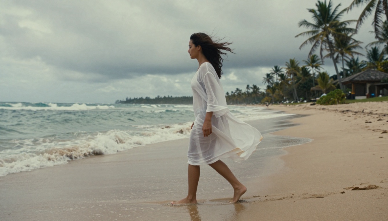 Woman walking on a tropical beach, demonstrating outdoor compositions achievable with NSFW AI art