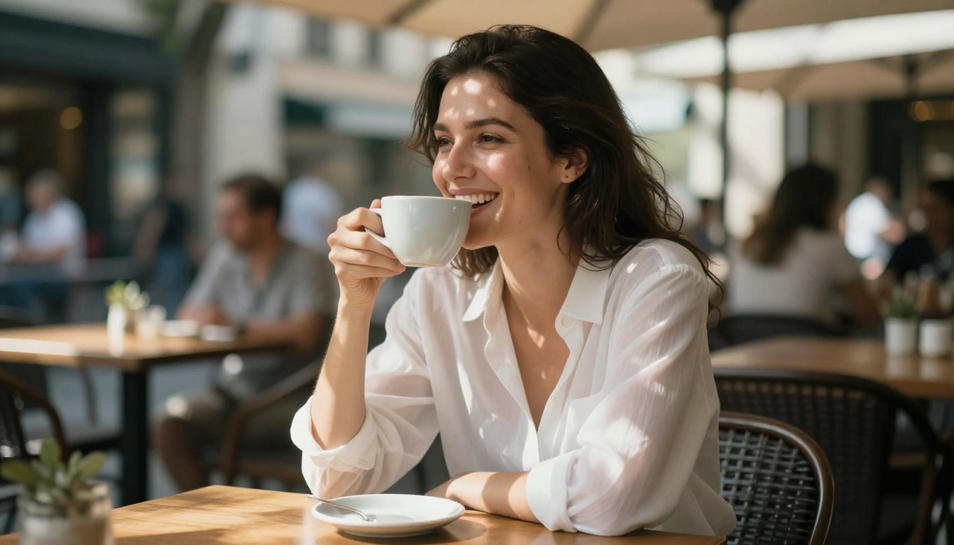 Woman laughing naturally at a sunlit outdoor café table