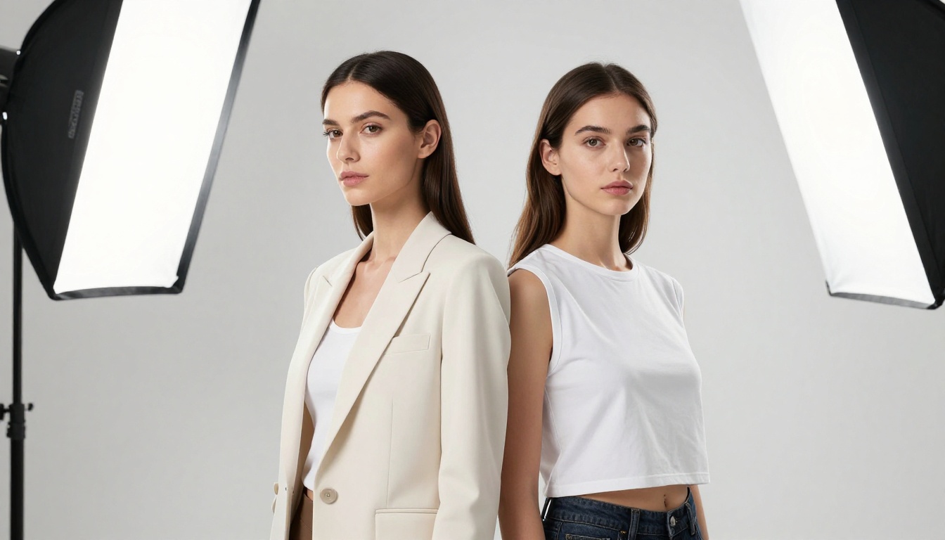 Two women in contrasting outfits back-to-back in white studio, rim lighting