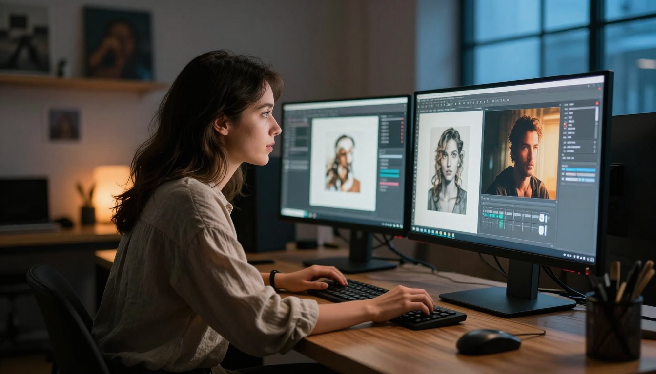 Creative woman working at dual-monitor setup comparing AI generation interfaces