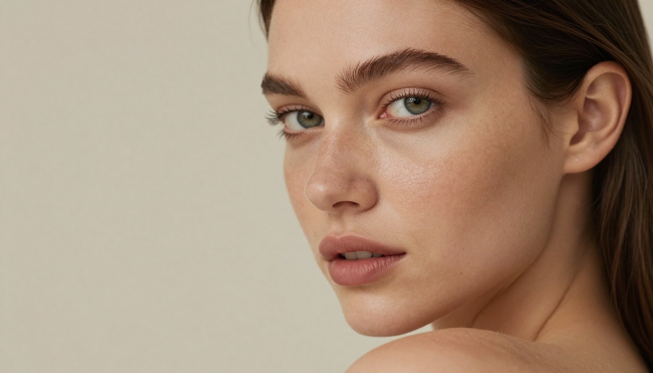 Editorial beauty close-up portrait with soft Rembrandt studio lighting and cream bokeh background