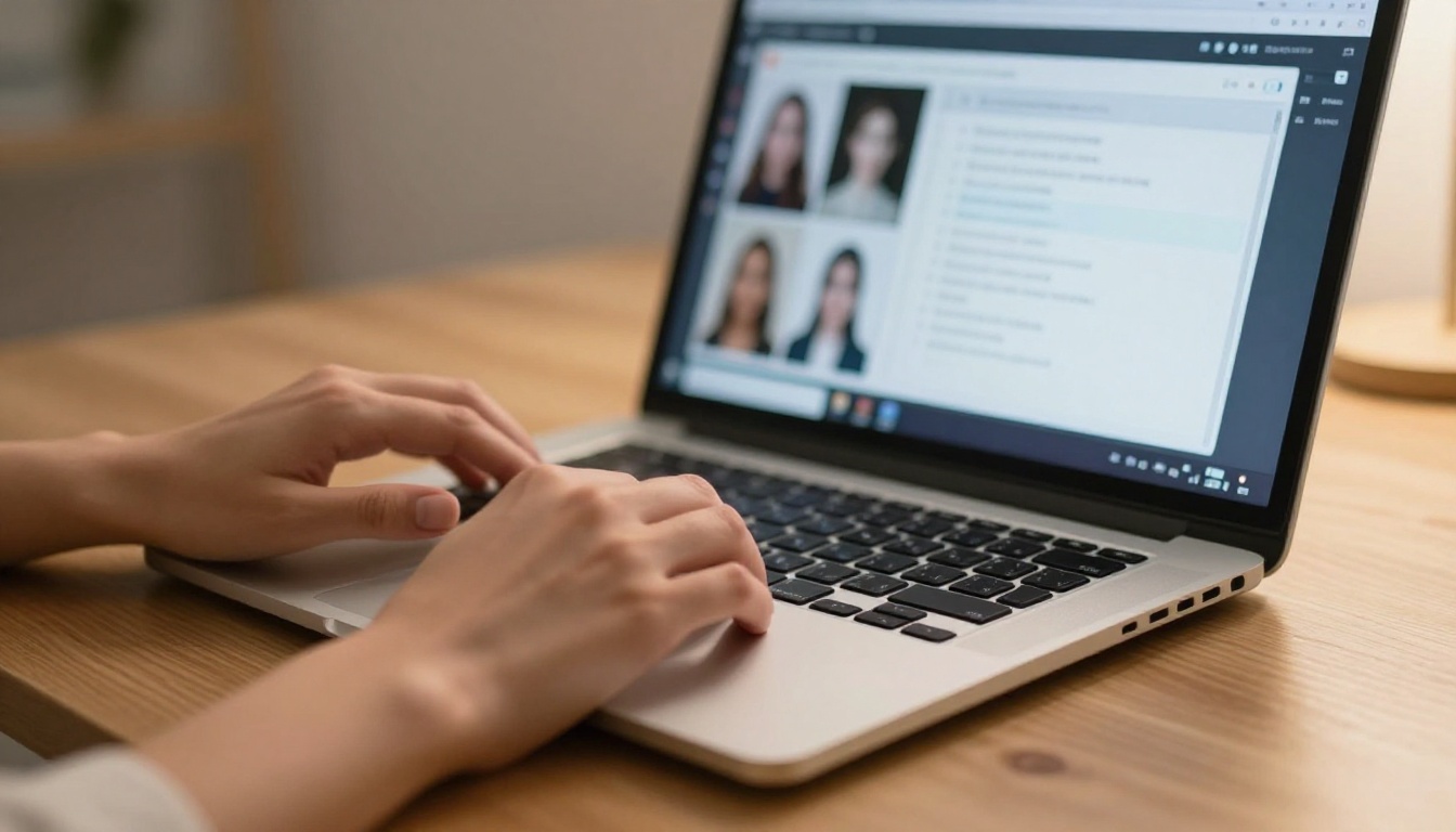 Woman's hands on laptop with AI image generation interface glowing on screen
