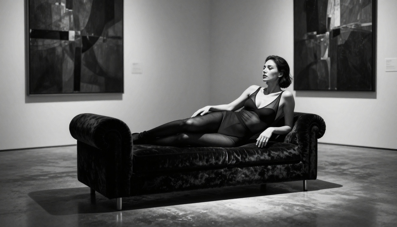 Elegant woman reclining on velvet chaise in dimly lit art gallery with dramatic spotlight