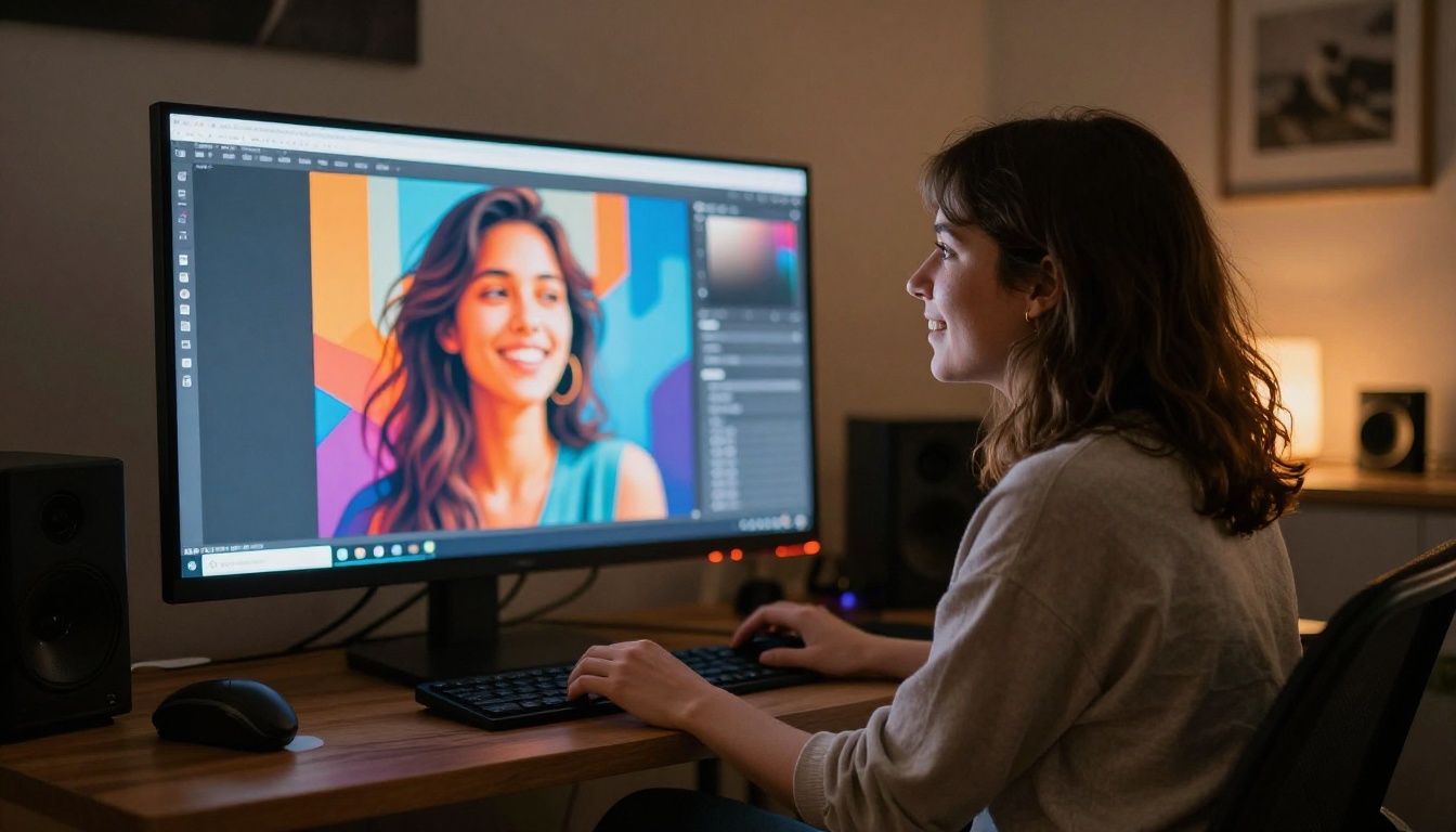 Young woman excited at monitor displaying colorful AI-generated artwork, screen glow