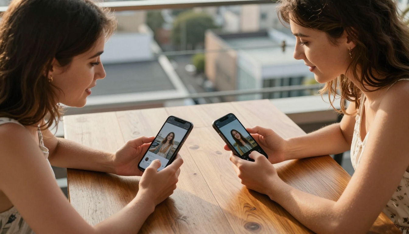 Two women at a rooftop cafe comparing AI generation results on their smartphones