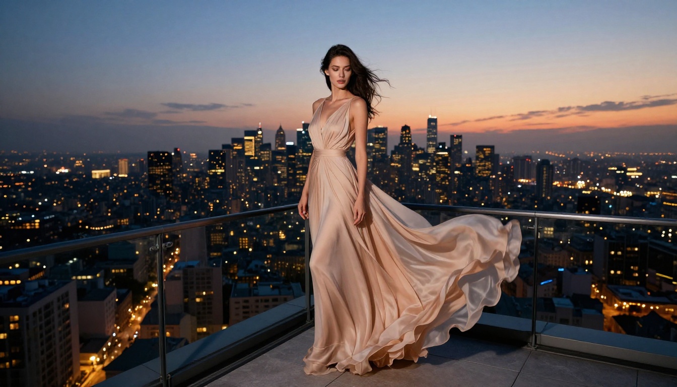 Sophisticated woman in champagne evening gown on rooftop at dusk, city skyline glittering